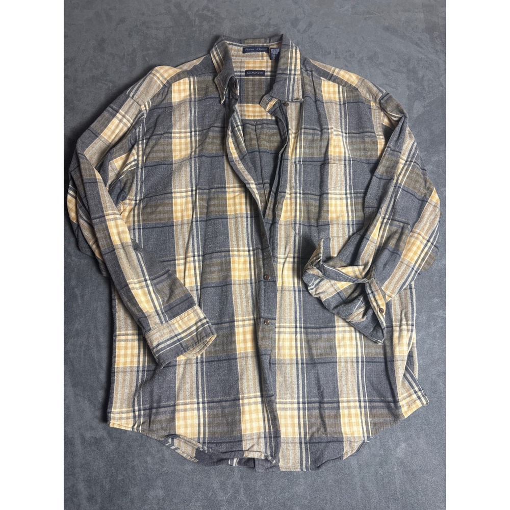 Gant Prairie Flannel Shirt Mens XL Yellow Grey Plaid Cotton Button Down Long Slv